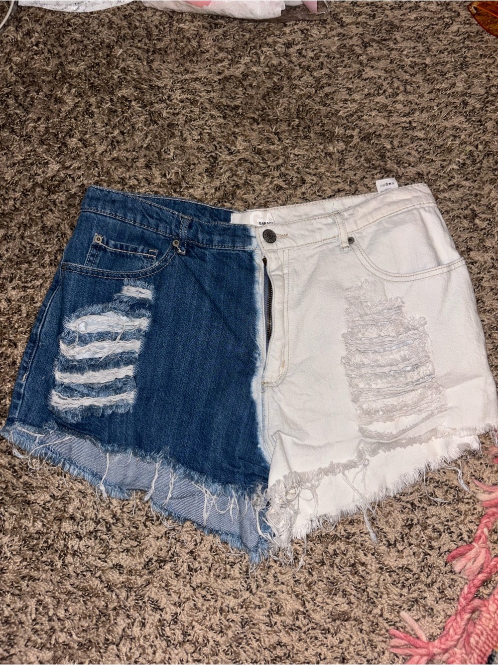 Garage Two-Tone Distressed Jean Shorts in Blue & White